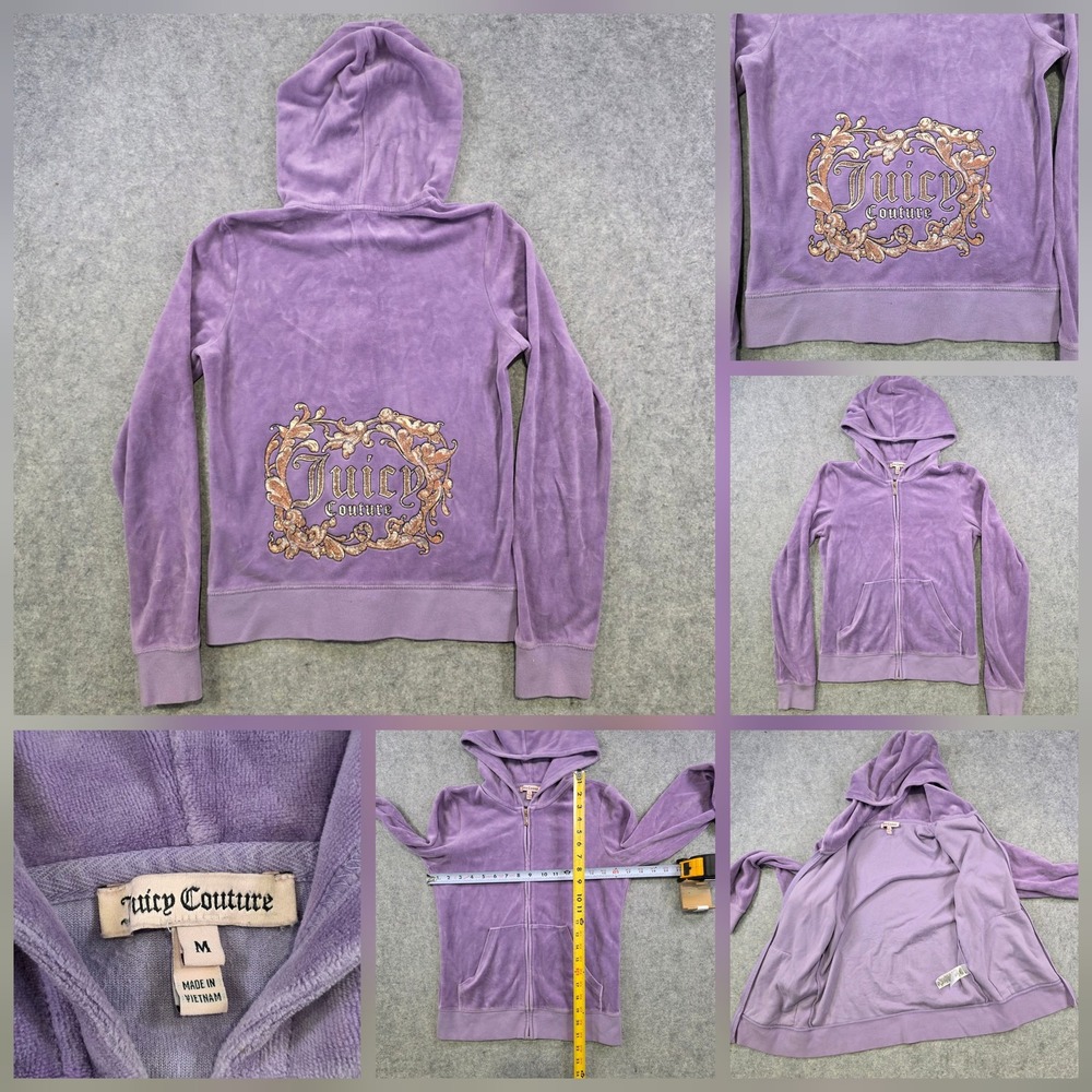Juicy Couture Hoodie Womens Medium Purple Velour Full Zip Back Logo Sweatshirt